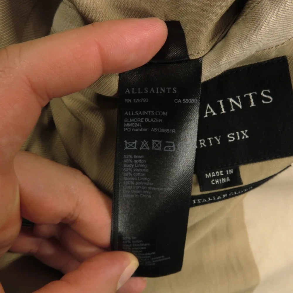 AllSaints Blazer 36R Linen Cotton Double Breasted Surgeon Cuffs Tan Jacket Mens